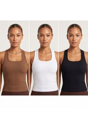 NWOT | 3-Pack Ribbed Racerback Crop Tank Tops | Neutral Tones | Small